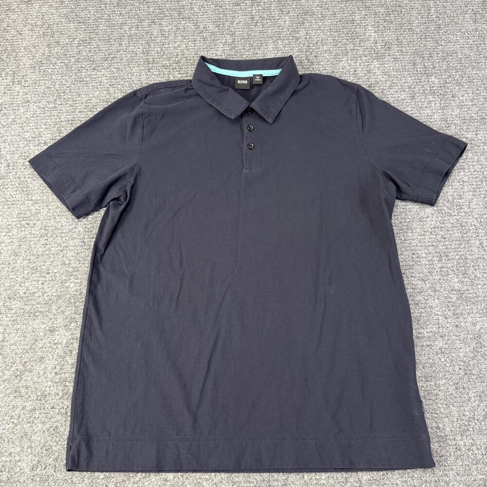 Hugo Boss Polo Shirt Mens 2XL Blue Solid 100% Cotton Jersey Casual Logo